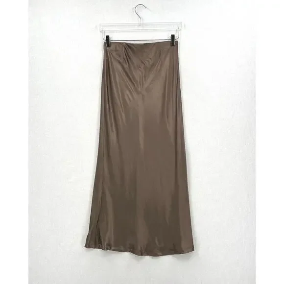 ENZA COSTA Satin Bias Cut Skirt Womens Small 1 Shiitake Brown Midi Pull on Slip - Picture 6 of 16
